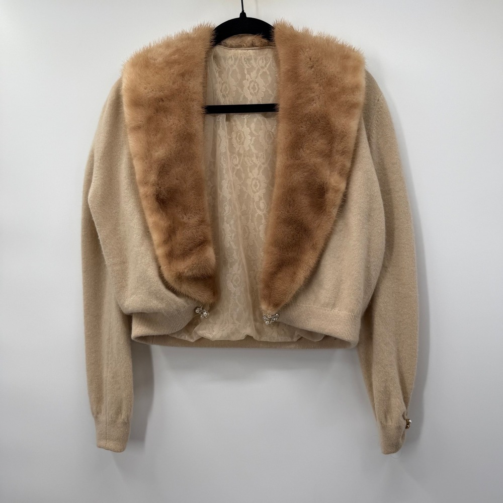 Vintage Cropped Cardigan Womens Size Medium Faux Fur Collar Rhinestone Button
